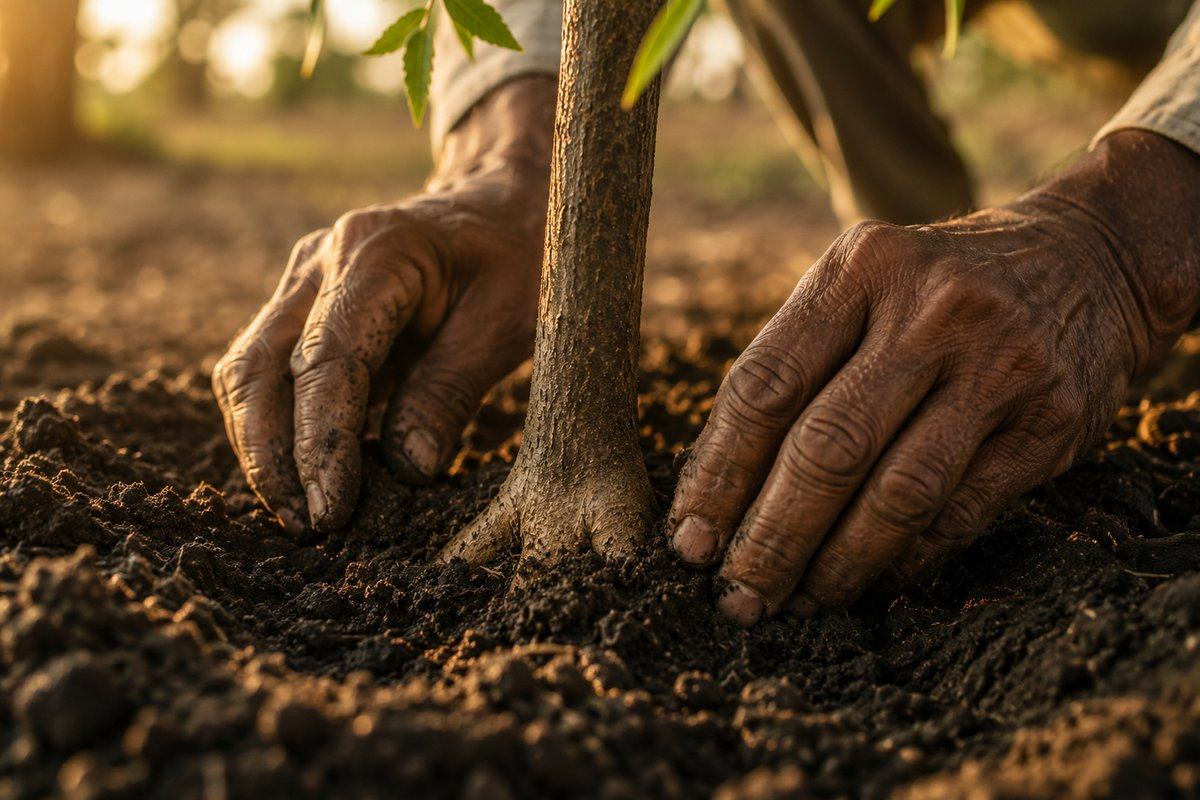 Hands examining a young tree root flare and root system