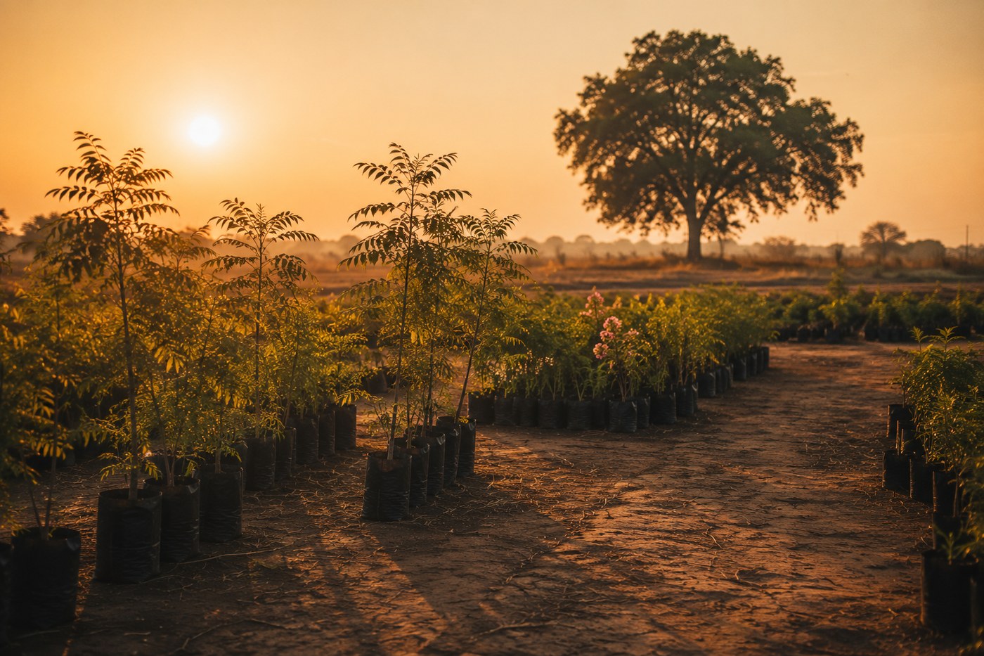Neem saplings at dawn, Demai nursery, District Aravalli, Gujarat