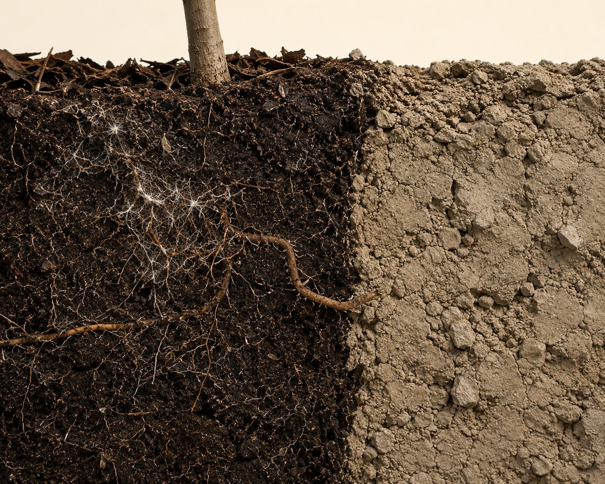Soil cross-section: dark living soil with roots and mycelium on left, pale compacted dead urban soil on right